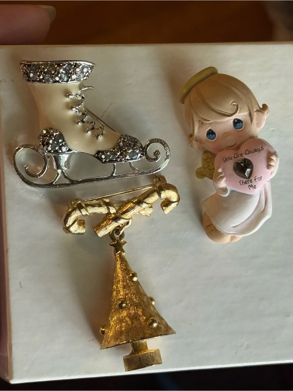 Precious Moments Cream and Pink Angel Pin with Gold Tree & Rhinestone Skate Pins